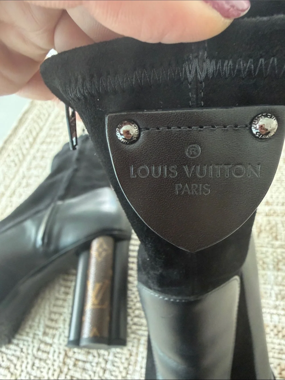 Louis Vuitton Black Platform Ankle Boots with Monogram Heel
